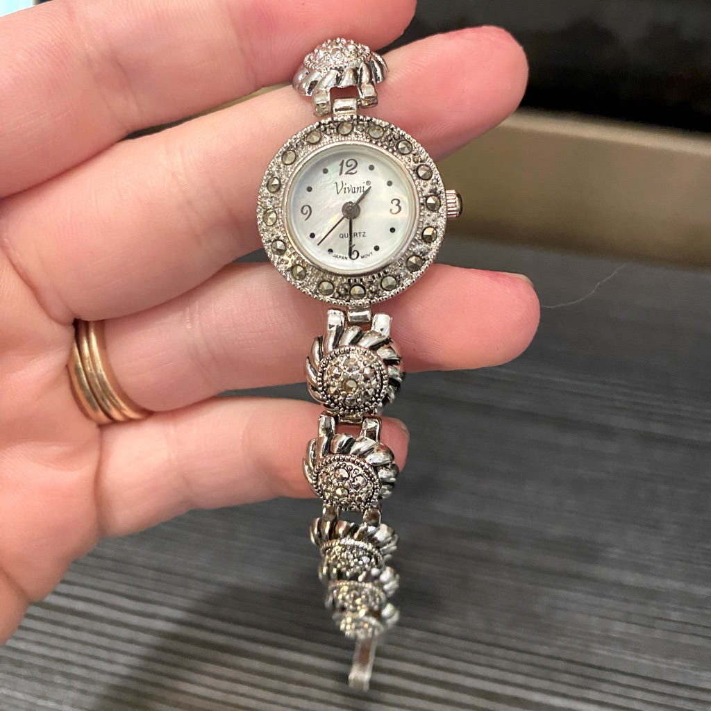 Vintage Vivani Marcasite Rhinestoned Stainless Steel Ladies Wristwatch